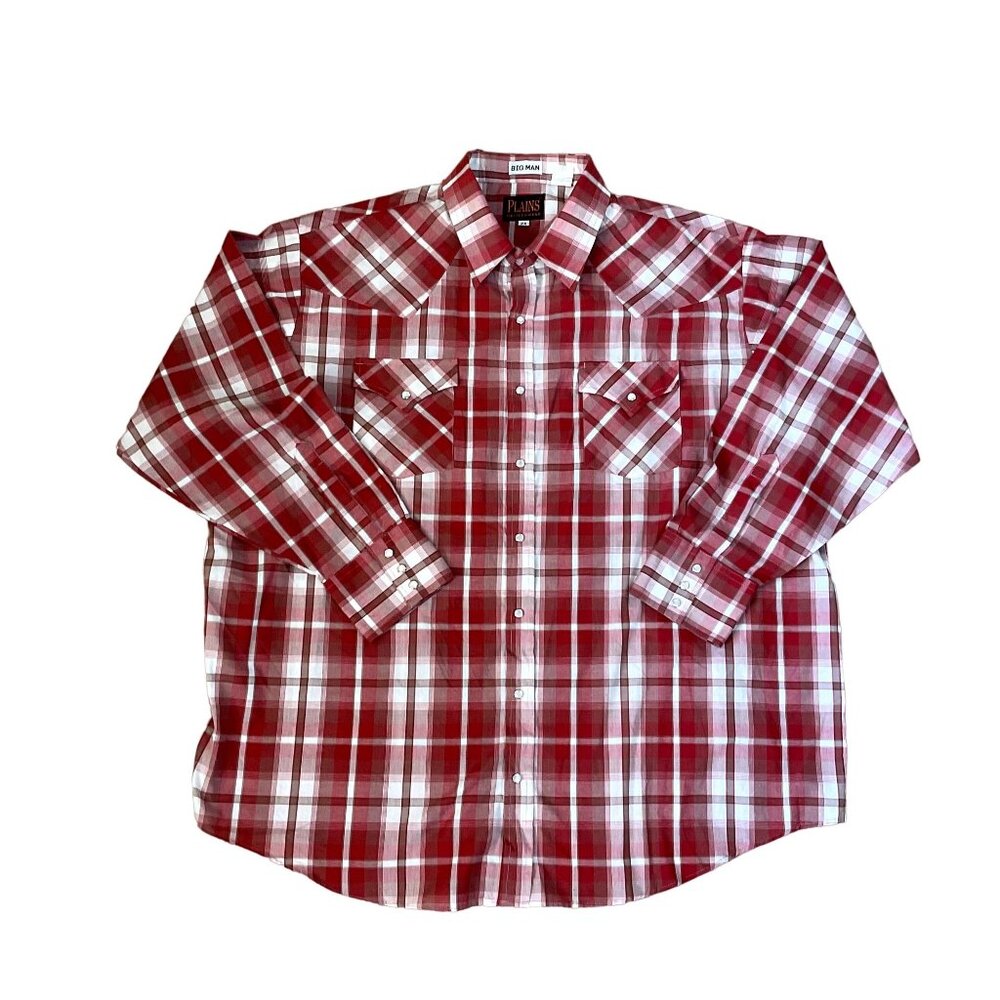 Plains Red Plaid Pearl Snap Shirt Size 2x Big Man Long Sleeve Western Rockabilly